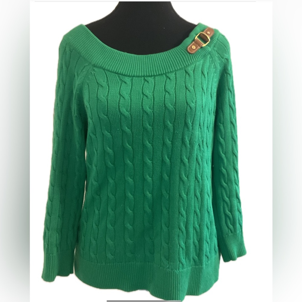 Lauren Ralph Lauren Boat neck Green Silky Cable  Sweater with Buckle